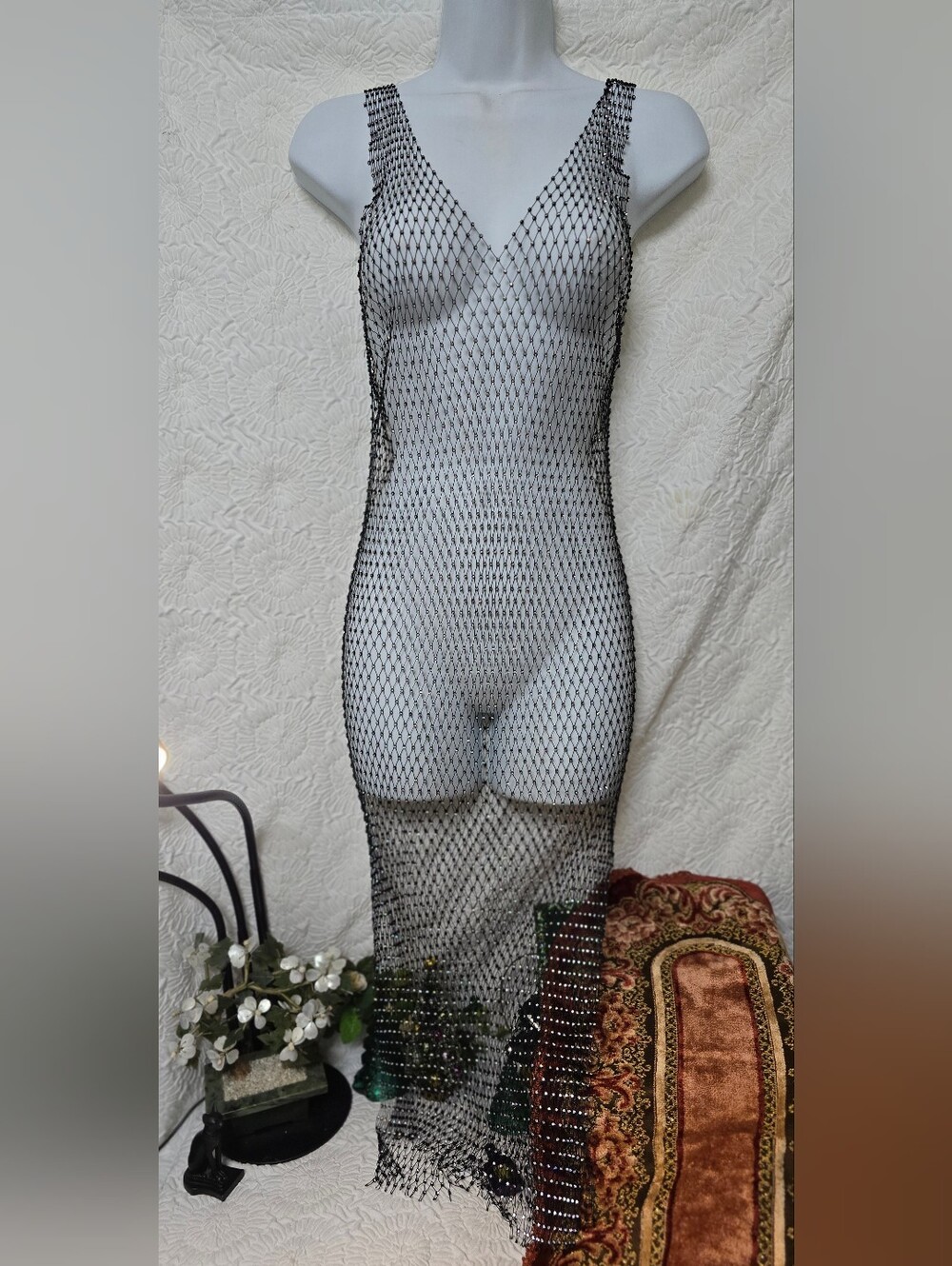 Rhinestone Mesh Cover Up Dress, Fishnet Swim Suit Or Dress Cover